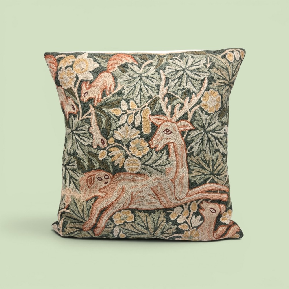 Vintage 1960s Wool Hand Embroidered Deer Pillow 16"x16" Cottagecore Grannycore